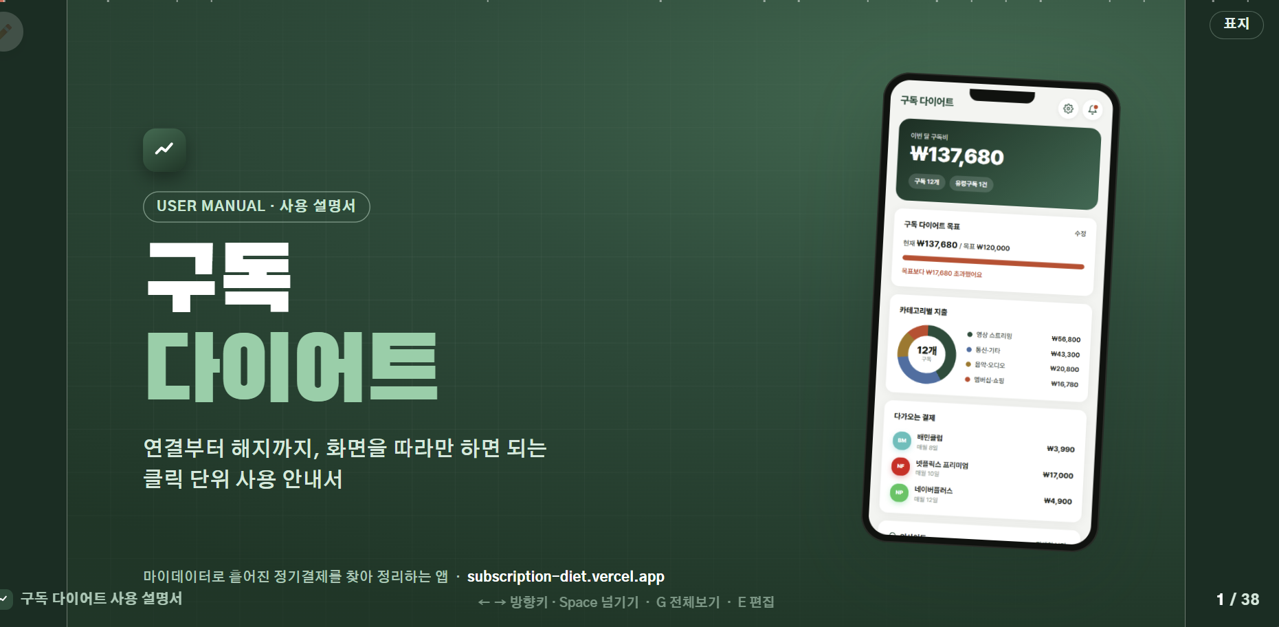 frontend-slides로 만든 구독 다이어트 사용자 메뉴얼 표지